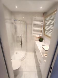 une salle de bains avec douche, toilettes et lavabo dans l'établissement Ferienwohnung-Montagewohnung 3, à Bad Driburg
