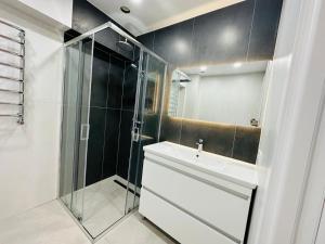 a bathroom with a sink and a glass shower at Apartament nou in Căuşeni
