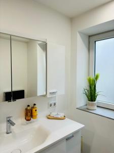 a white bathroom with a sink and a mirror at REMA Homes - Moderne Apartments mit Jacuzzi in Bad Bellingen in Bad Bellingen +17 photos