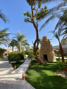 Un edificio en el césped con un árbol y una palmera. en Sekhmet Retreat Centre, en Luxor