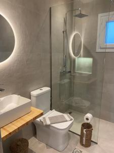 a bathroom with a shower and a toilet and a sink at EuGeniaS Villa in Agios Gordios +22 photos