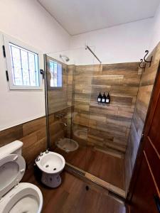 a bathroom with a shower and a toilet and a sink at Departamento Acceso Norte - Cerro de la Virgen in Salta