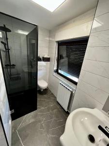 a bathroom with a shower and a sink and a toilet at Charming flat in Maribor