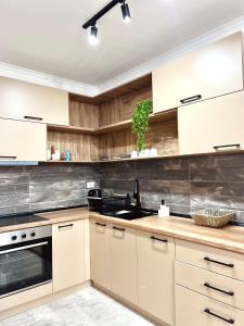 a kitchen with white cabinets and a sink at PREMIER Luxury Apartments in Strumica