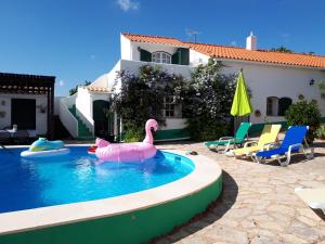 een zwembad met een roze flamingo in het water bij Casa Delfim - Casa Verde in Alte