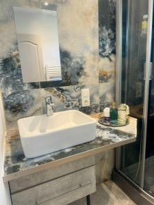 ein Badezimmer mit einem weißen Waschbecken und einer Dusche in der Unterkunft Joli duplex climatisé à 30min Paris in Montmorency + 9 Fotos