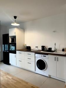 una cocina con lavadora y fregadero en 3 pièces tout neuf de haut standing à 10mn de Paris avec terrasse vue Sacré Coeur, en Asnières-sur-Seine 2 fotos más