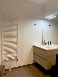 un baño con lavabo y espejo en 3 pièces tout neuf de haut standing à 10mn de Paris avec terrasse vue Sacré Coeur, en Asnières-sur-Seine