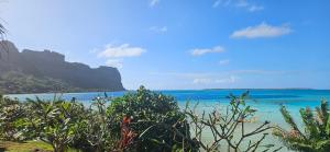 a beach with the ocean and mountains in the background at Taria Camping in Te-Fare-Arii