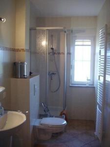 une salle de bains avec douche, toilettes et lavabo dans l'établissement Bungalow Meeresbrise mit WLAN, à Butjadingen
