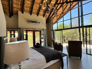 a bedroom with a bed and a large window at Pangolin Game Lodge - Self Catering, incl 2 game drives per day in Matlhagame