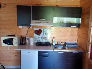 a small kitchen with a sink and a microwave at Domek letniskowy w Nadolu nad jeziorem Żarnowieckim in Nadole