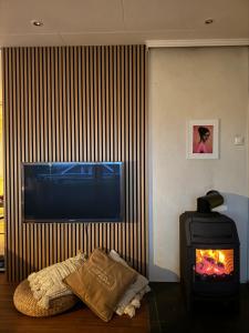 a living room with a fireplace and a tv at Idyllisk enebolig! in Svolvær