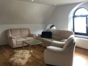 a living room with two couches and a table at Neu renovierte Wohnung in Alter Schule in Hattgenstein