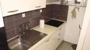a kitchen with a sink and a stainless steel sink at Apartment Center Njivice in Njivice +21 photos