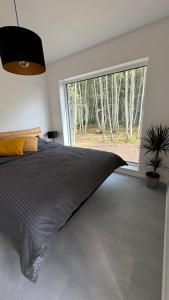 a bedroom with a large bed with a large window at GET WILD brīvdienu māja in Dzelmes