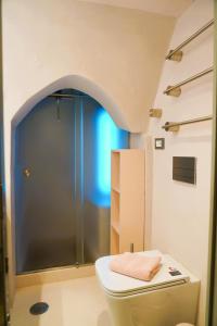 a bathroom with a toilet and a shower at La Chianca Rosa - RIFUGIO ROMANTICO ad Ostuni in Ostuni