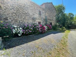 Mont-RocGite LA LICORNE的一座石头建筑，门前种着鲜花