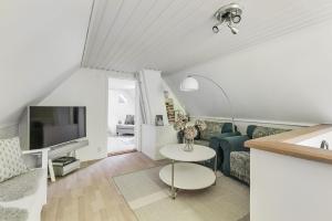 a living room with a couch and a tv at Swedish Idyll in Årstad