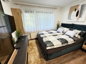 a bedroom with a large bed and a window at SZE Business Apartman in Győr