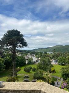 a view of a park with a tree and a city at Royal Victoria Hotel Snowdonia in Llanberis