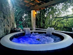 eine große blaue Badewanne in einem Garten in der Unterkunft Chalé do Maçarico in Fafe