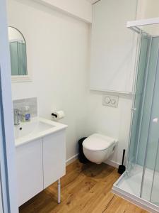 e bagno bianco con servizi igienici e doccia in vetro. di Charmante maisonnette neuve proche Thalasso a Sainte-Marie-de-Ré