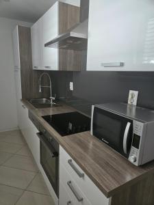 a kitchen with a microwave and a sink at Apartman Stella Rovanjska in Rovanjska