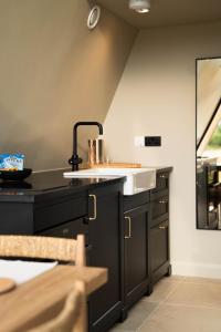 a kitchen with a sink and a counter at Wilder Retreats - A Frame Cabins in Haverfordwest