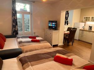 Dos camas en una habitación con cocina y televisión. en Amazing Apartment Zborovska, en Praga