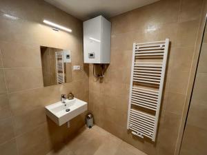 un baño con lavabo y espejo en Amazing Apartment Zborovska, en Praga 27 fotos más