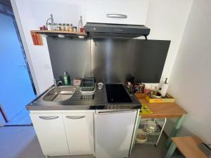 a kitchen with a sink and a stove at Gîte Tan Rouge in Pompierre-sur-Doubs