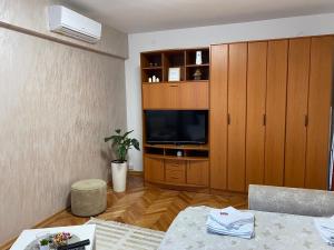 a living room with a television and a cabinet at Stan na dan Siniša 2 in Valjevo