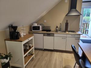 eine Küche mit Spüle und Mikrowelle in der Unterkunft Landet in Åby
