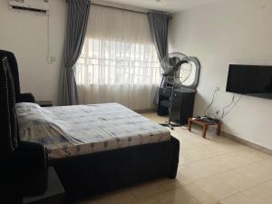 a bedroom with a bed and a flat screen tv at Apartment Three Oranges SH 75 E Nza Street Independence Layout Enugu in Mama +5 photos