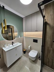 une salle de bain avec toilettes, lavabo et miroir dans l'établissement LUKSUSOWY APARTAMENT przy Plaży, à Grzybowo