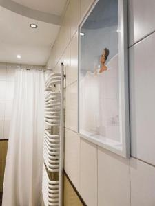 a picture of a woman in a window in a bathroom at Mieszkanie Stare Miasto Gdańsk in Gdańsk