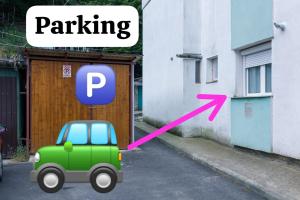 シギショアラにあるApartamentul Anisieiのピンクの矢印が付いた路上に駐車された小さな緑色の車