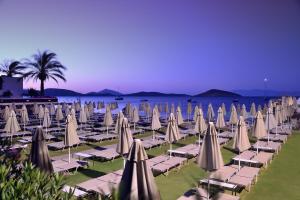 a row of lawn chairs and umbrellas on the beach at Lugga Boutique Hotel & Beach in Ortakent