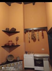 eine Küche mit Herd und Regalen in einem Raum in der Unterkunft Villa Gracia in La Puebla de los Infantes