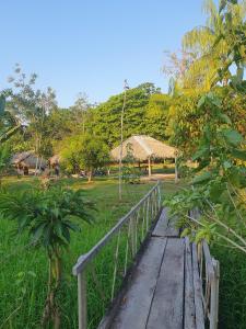 a wooden bridge leading to a field with a house at Centro de Medicina y Posada Indigenawa in Cruzeiro do Sul +11 photos