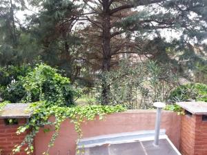 een bakstenen muur met een bankje met planten erop bij MaJoMi Toninas in Las Toninas +4 foto's