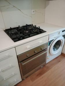 a stove top oven sitting next to a washing machine at Apartament luxury in Floreşti