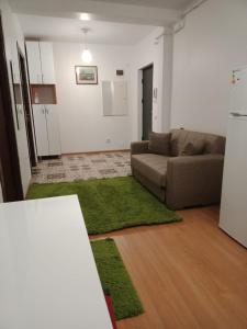 a living room with a couch and a green rug at Apartament luxury in Floreşti