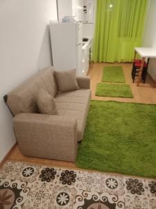 a living room with a couch and green rug at Apartament luxury in Floreşti +1 photo