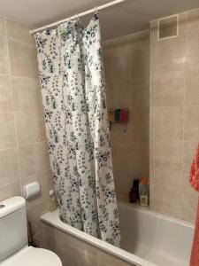 a bathroom with a toilet and a shower curtain at Apartamento Playa de Barro in Barro de Llanes
