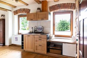 a kitchen with wooden cabinets and two windows at Biała Kalina Kaczawy in Świerzawa