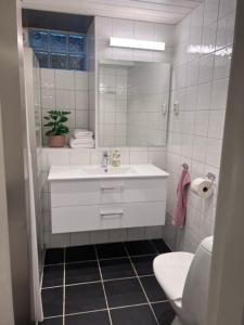 a white bathroom with a sink and a toilet at Koselig leilighet i Ålesund sentrum in Ålesund