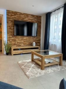 een woonkamer met een televisie aan een bakstenen muur bij Gîte Eden classer 3 étoiles in Colmar