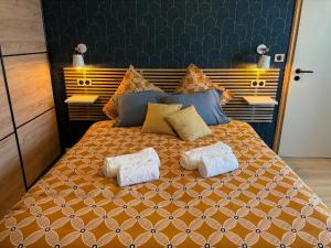 een groot oranje bed met 2 kussens erop bij Gîte Eden classer 3 étoiles in Colmar